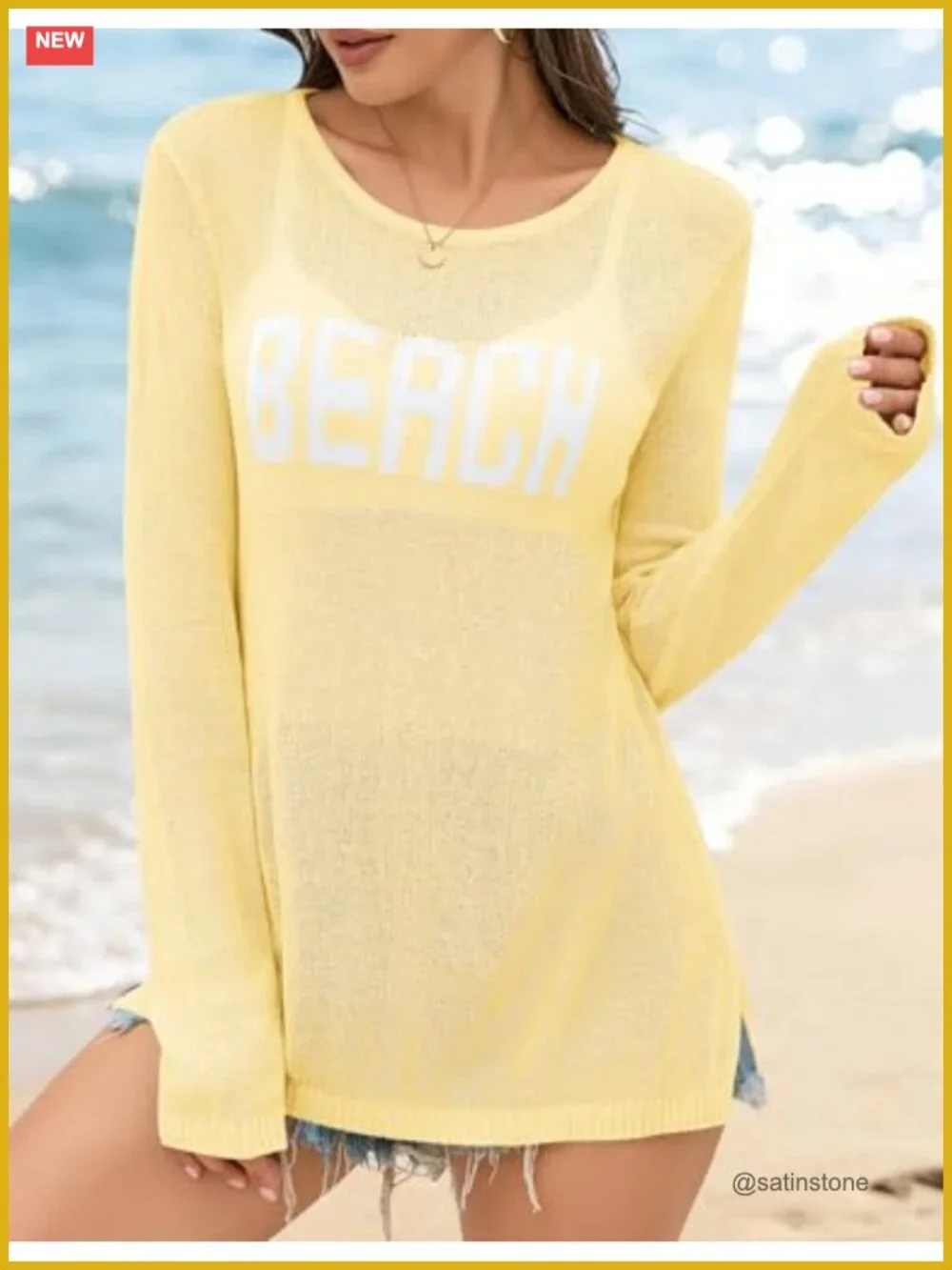 Women's Crochet Letter Print Long Sleeve Cover Up Crew Neck Split Hem Pullover